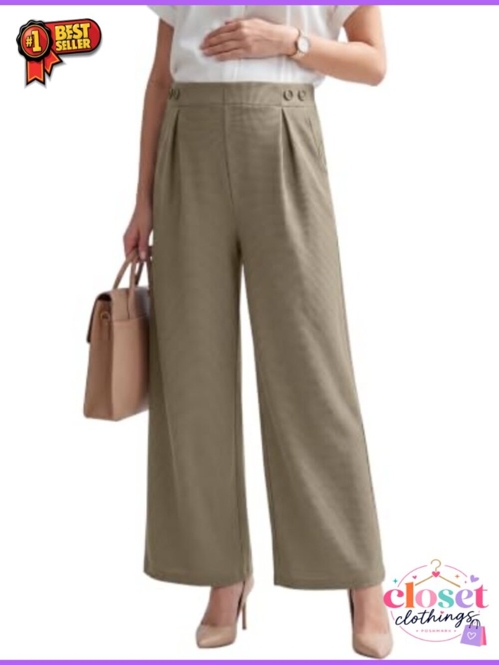 Maternity Work Pants Waffle Knit Wide Leg Pregnancy Trousers